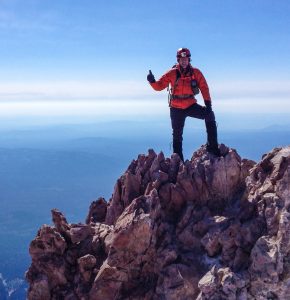 Todd is a member of the Contra Costa Sheriffs Mountain Rescue team and is shown here after summiting Mount Shasta at 14,180 ft.